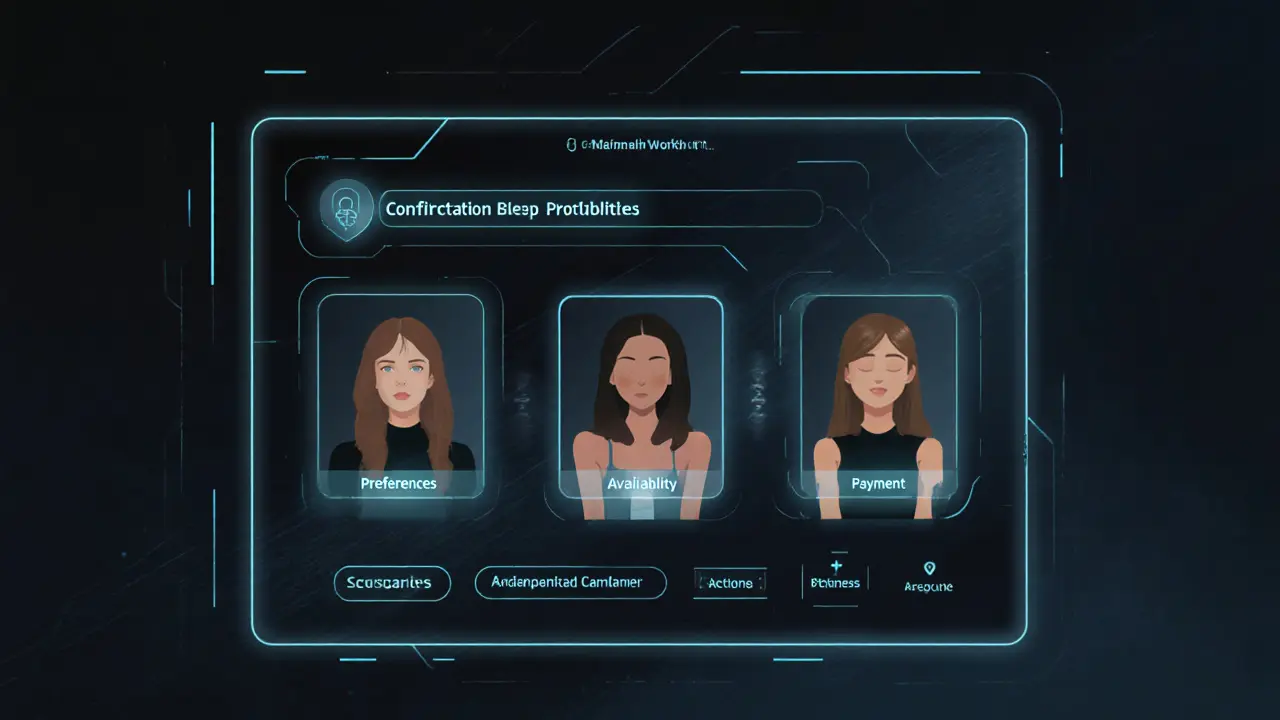 A dark digital portal interface with blurred escort profiles and a confirmation message, glowing with security lighting.