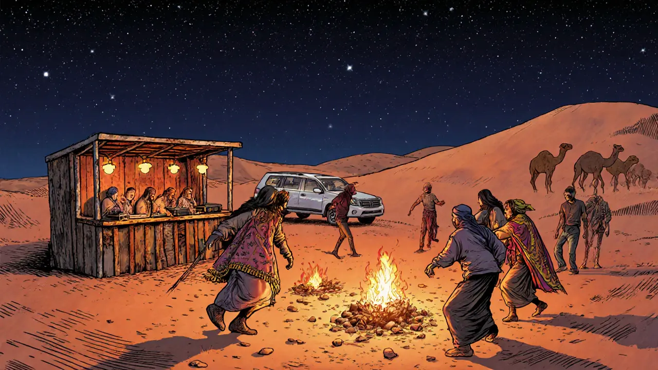 A desert rave at night with fire pits, starry skies, and dancers amid sand dunes.