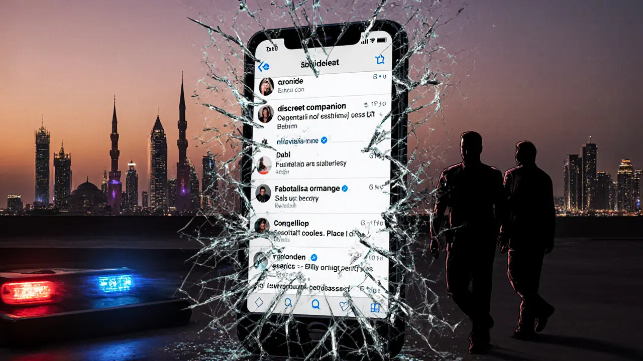 A shattered phone screen with illegal escort ads, police sirens reflecting in glass, Abu Dhabi skyline in background.
