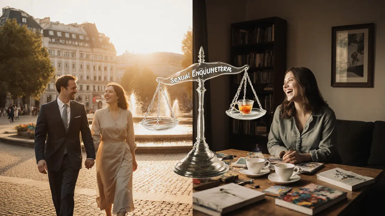 A woman walking in Tiergarten Park and sharing tea with a client, symbolizing companionship over physical service.