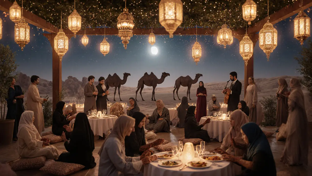 An Arabian Nights event with lanterns, camels, and live music under a starry desert sky.