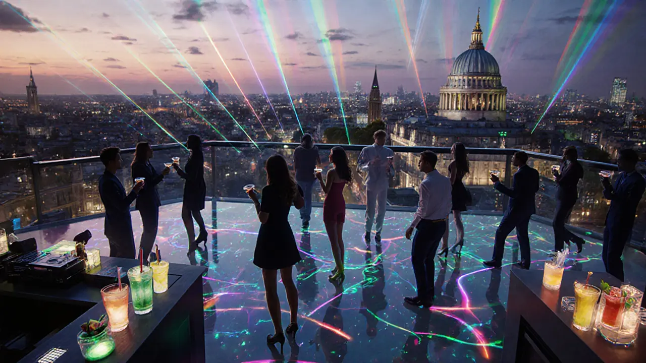 Aqua Spirit rooftop bar with colorful laser lights, dancing guests, and city skyline at dusk.