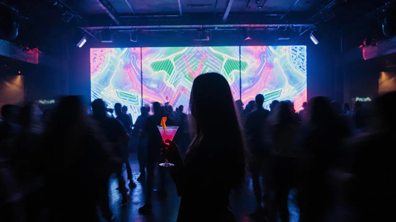 Badaboum club interior with neon LED wall, off‑center cocktail, and dancing crowd.