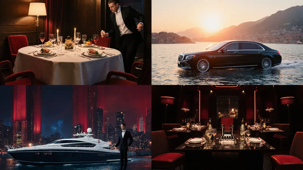 Collage of luxury experiences: fine dining, yacht, hotel suite, and nightclub in Milan.