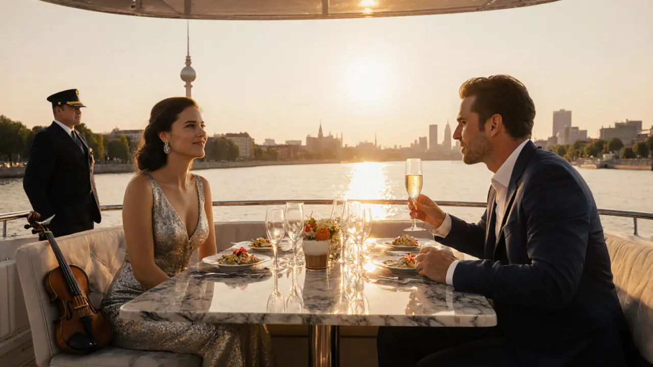 Companion and client dining on a private yacht at sunset with Berlin skyline in background.