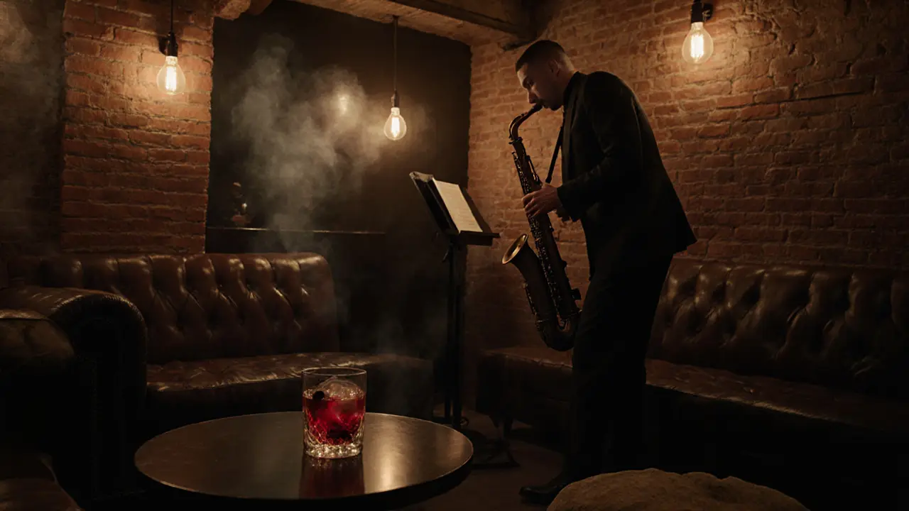Cozy basement jazz club with saxophonist, warm lighting, and a glass of Negroni on a table.