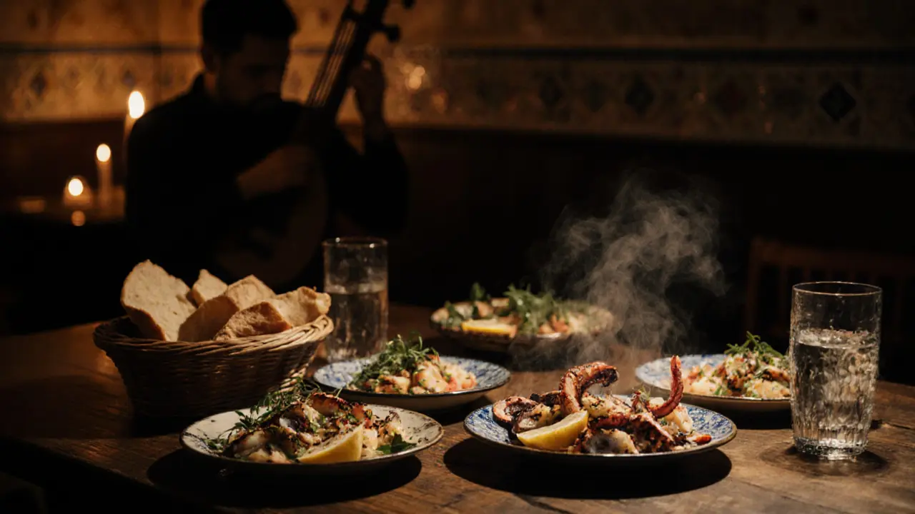 Cozy meze bar table with assorted dishes, raki, and an oud player in the corner.