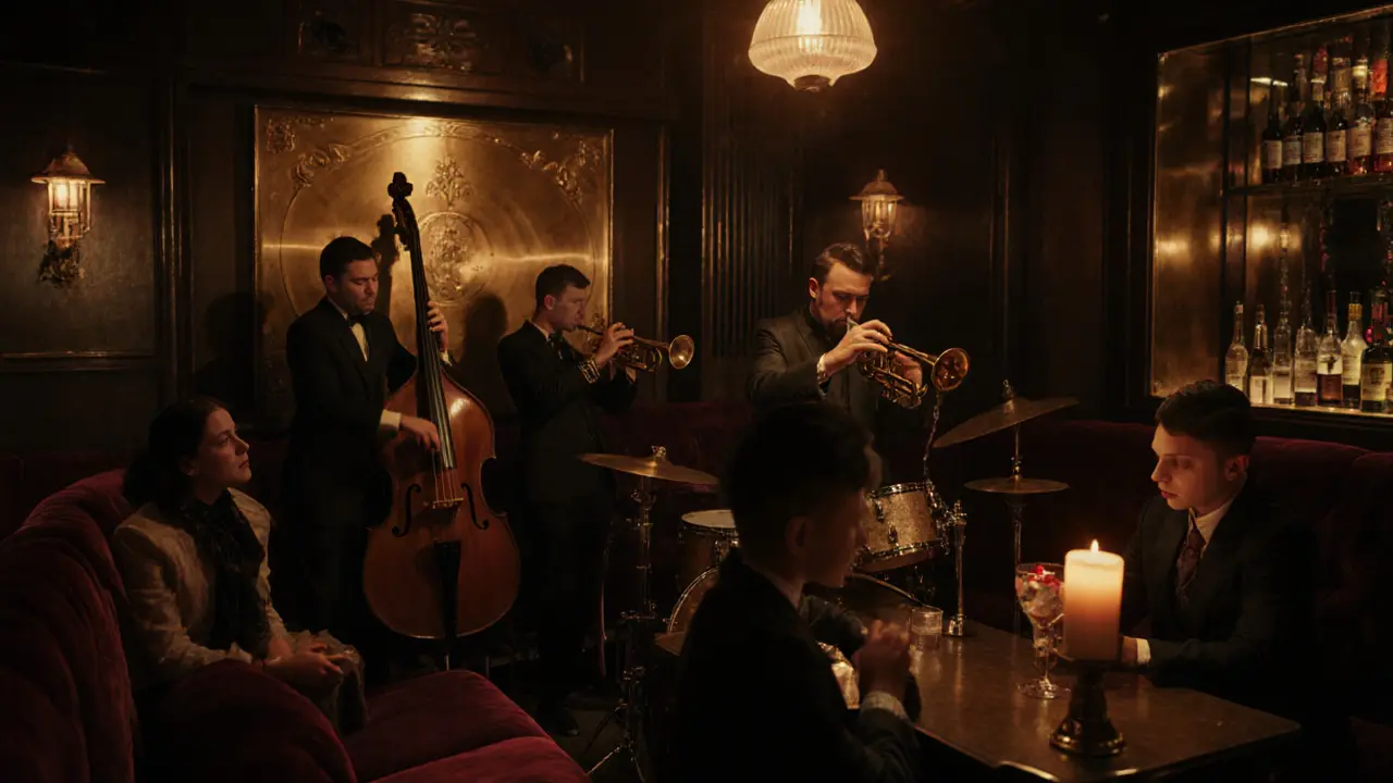 Cozy speakeasy interior with a jazz trio, bartender mixing drinks, and patrons in stylish attire.