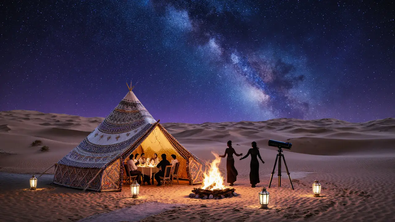 Desert camp at night with fire pit, belly dancers, and a starry Milky Way sky.