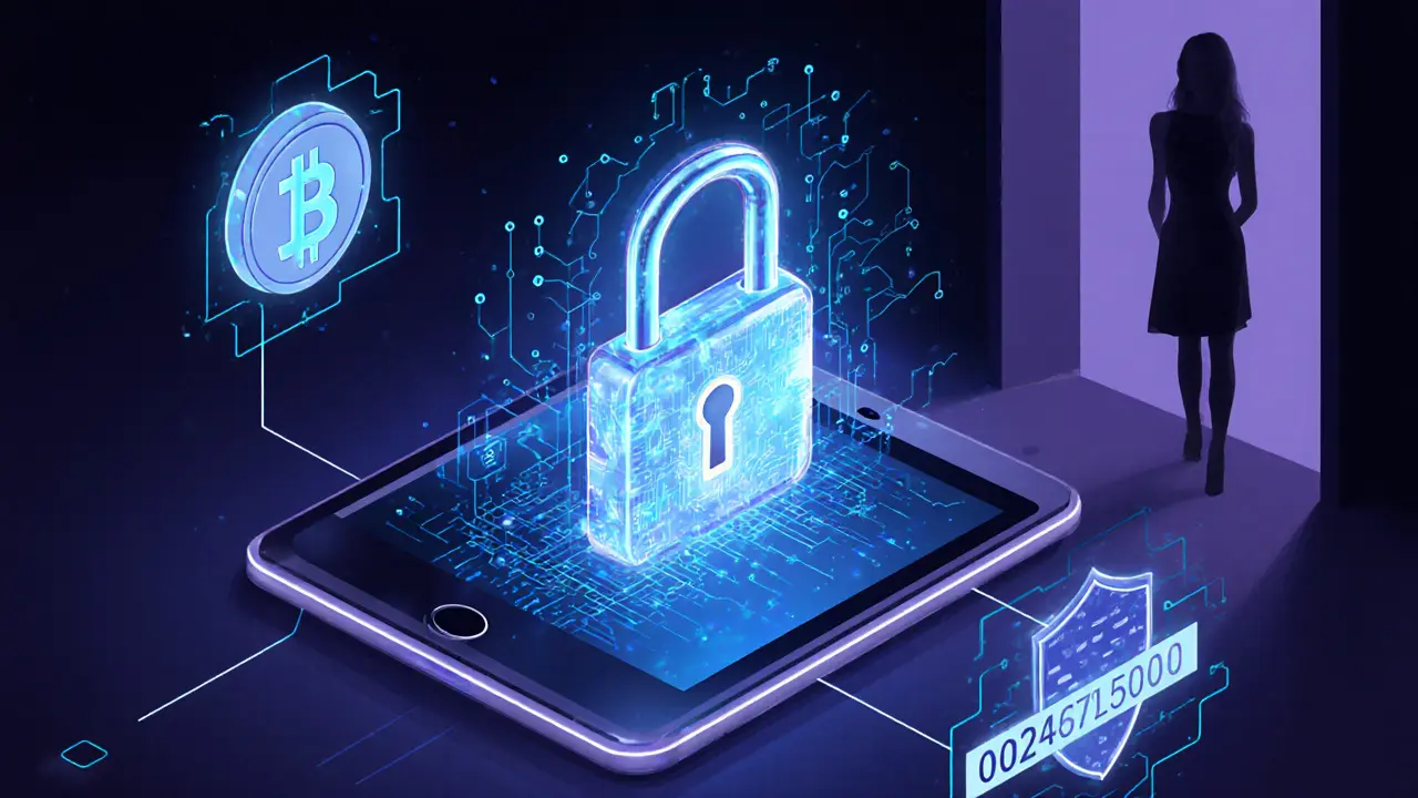 Digital illustration of encrypted tablet, crypto and escrow icons, with a discreet companion silhouette.