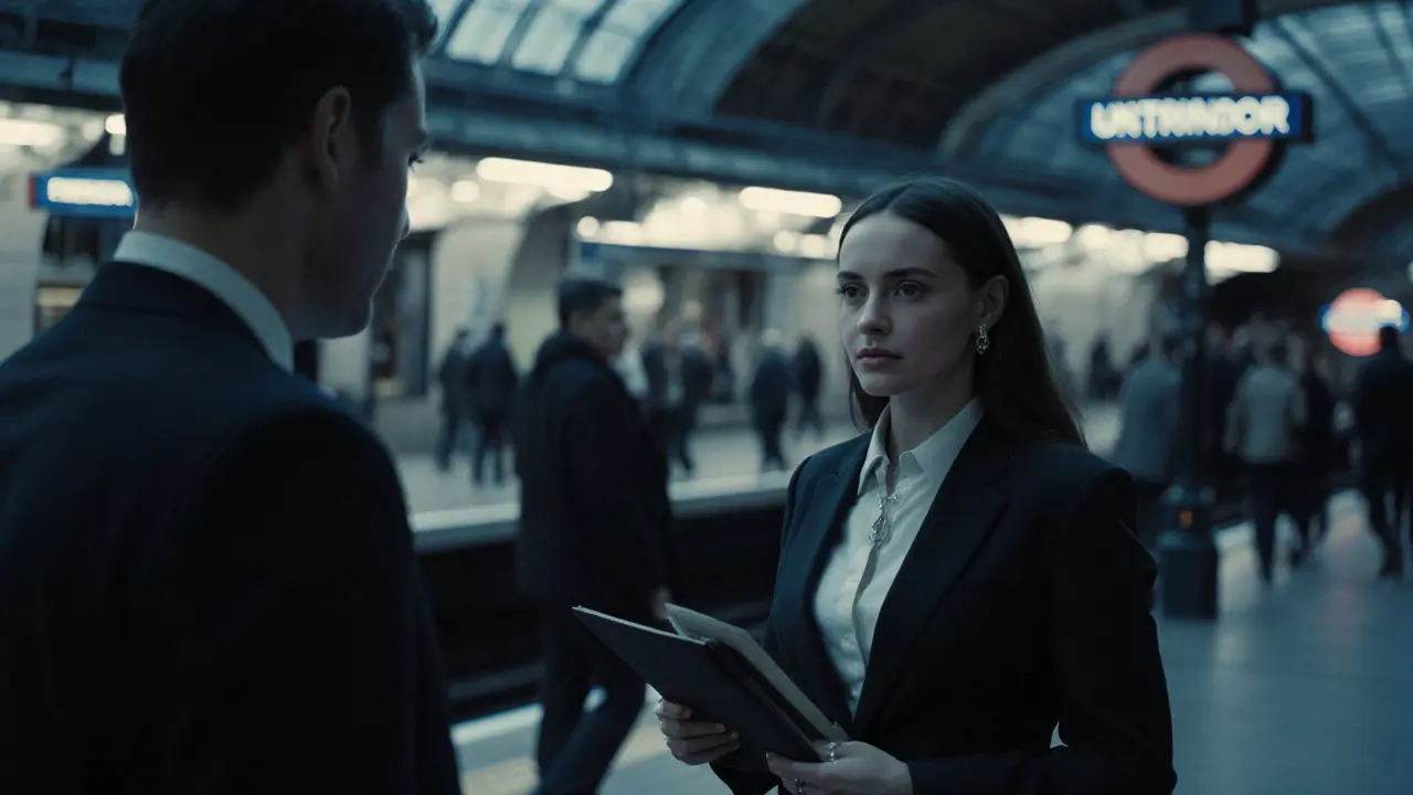 Discreet meetup at a London tube station platform between a well‑dressed escort and client.