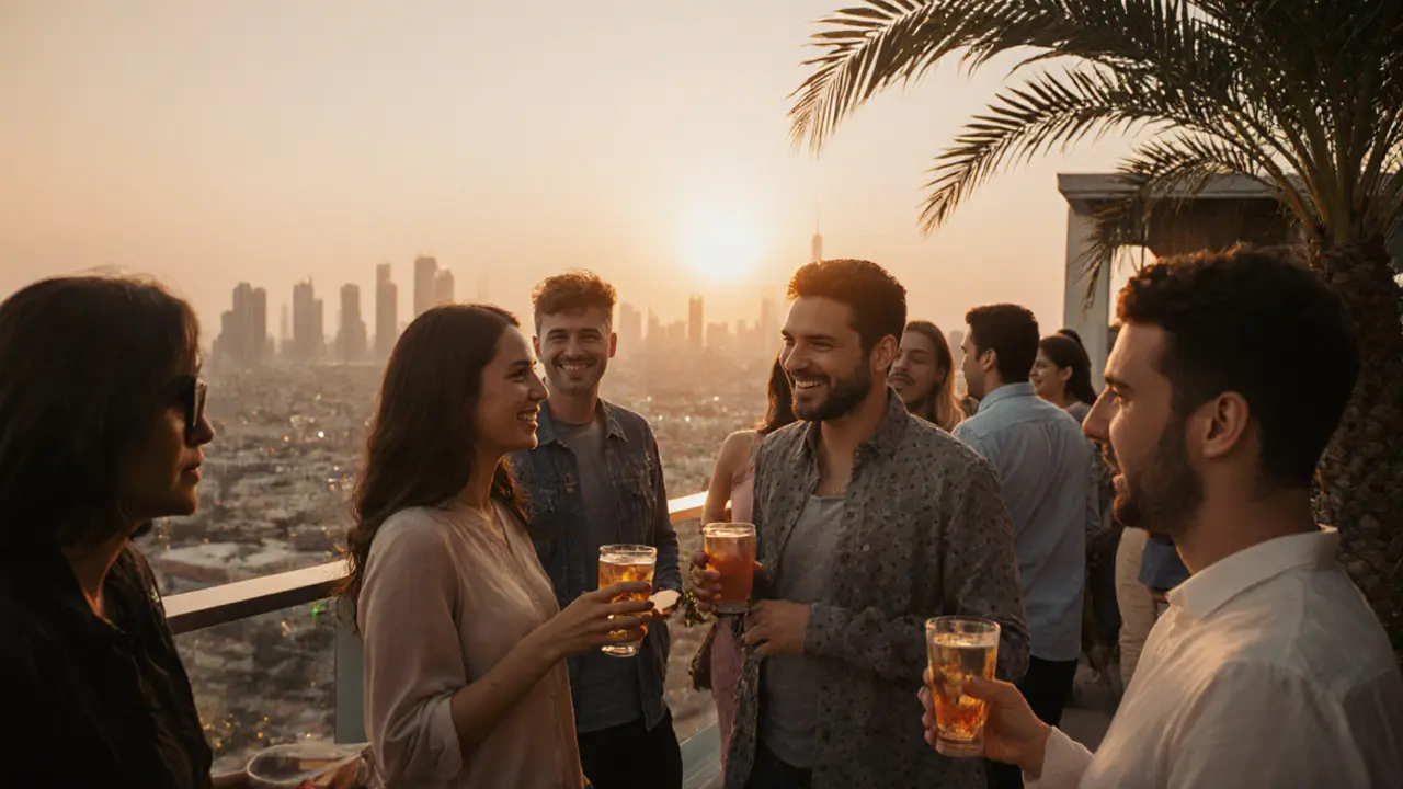 Diverse expats socializing warmly at a rooftop bar in Abu Dhabi at sunset, enjoying genuine connection.