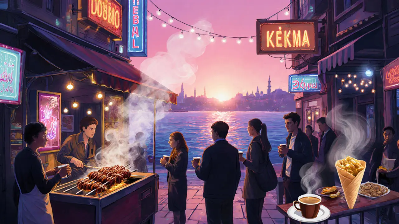 Early morning street with kebab stall, lokma vendor, coffee cups and sunrise.