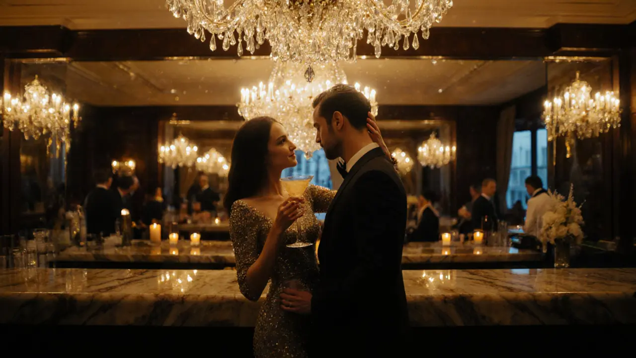 Elegant couple standing under a golden chandelier at Aqua Spirit lounge.