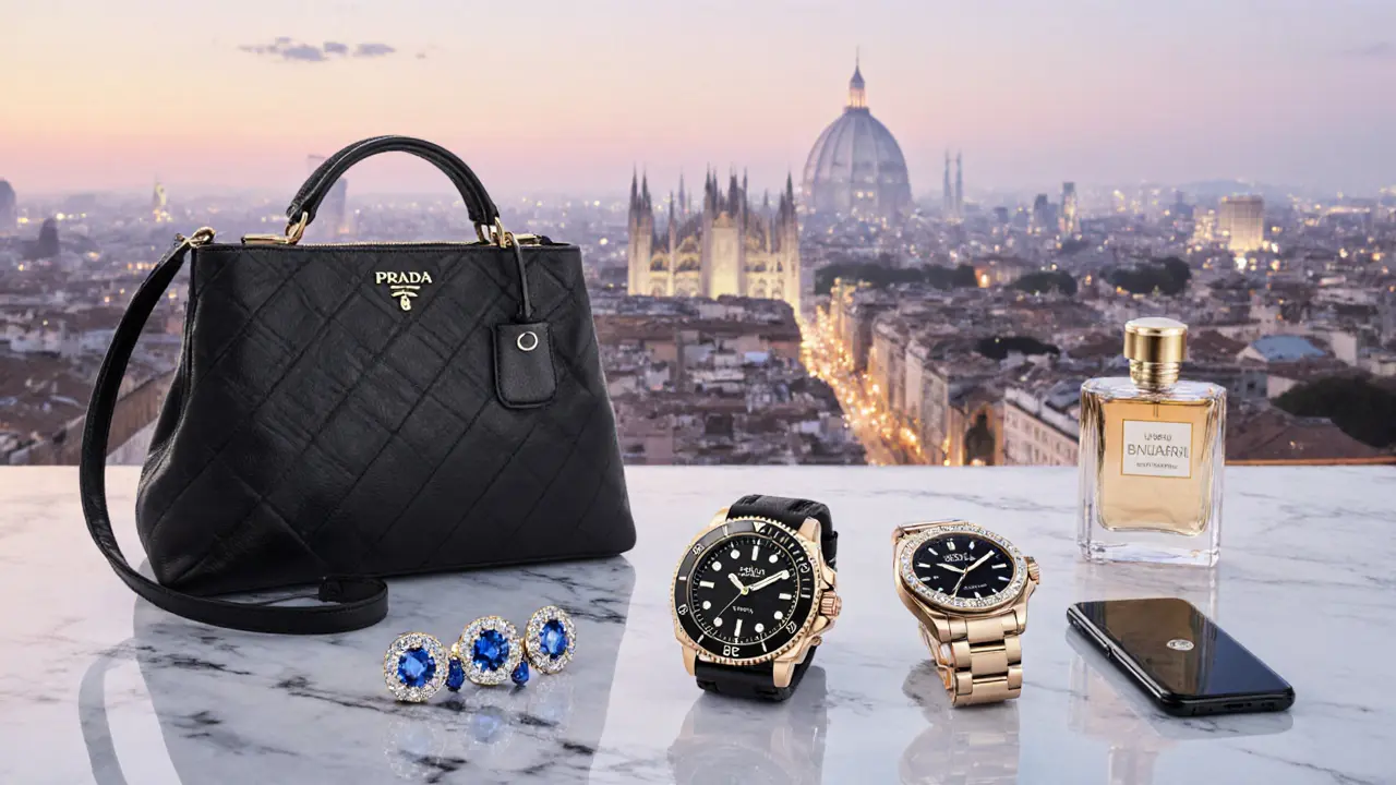 Elegant display of designer handbag, jewelry, watch, gadget, and perfume on marble.