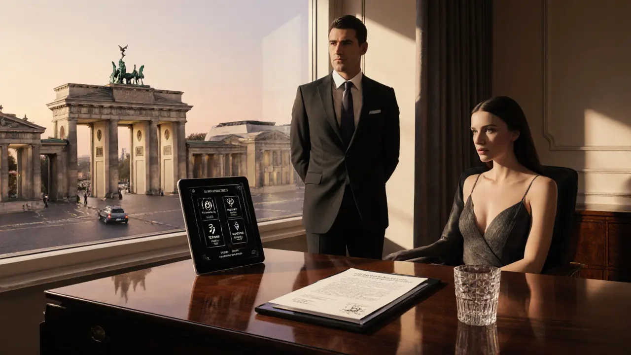 Elegant office scene where agents review contracts and security protocols with Berlin skyline behind.