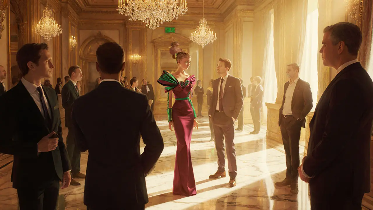 Escort in couture chatting with executives in an elegant ballroom.