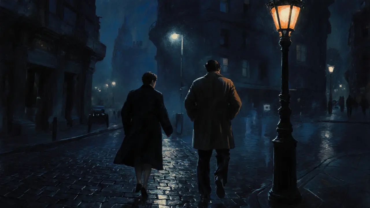 Escort leading a client through a rainy, lamp‑lit London street after a party.