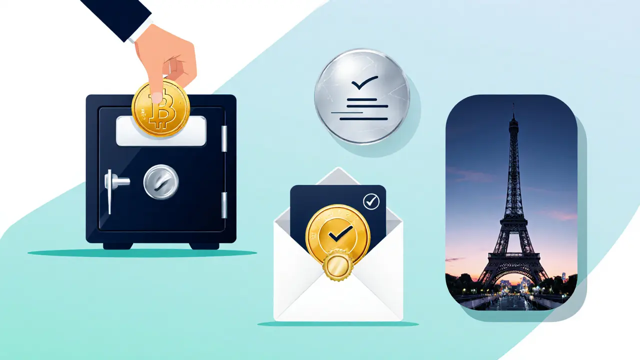 Flat‑design illustration of crypto coin, prepaid card, and escrow icon with Eiffel Tower backdrop.