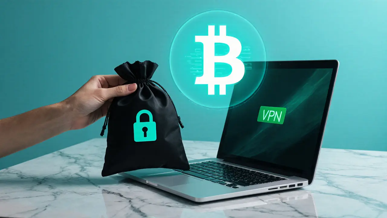 Hand holding sealed pouch, laptop with VPN, and crypto symbol on marble surface.