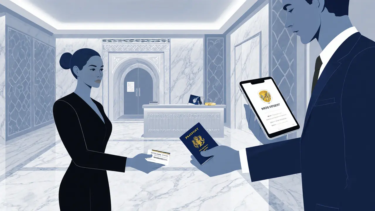 Hotel lobby scene illustrating safety steps with passport and business card.