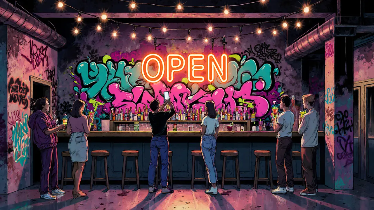 Inside The Book Club showing graffiti walls, neon sign, bar and stylish patrons.