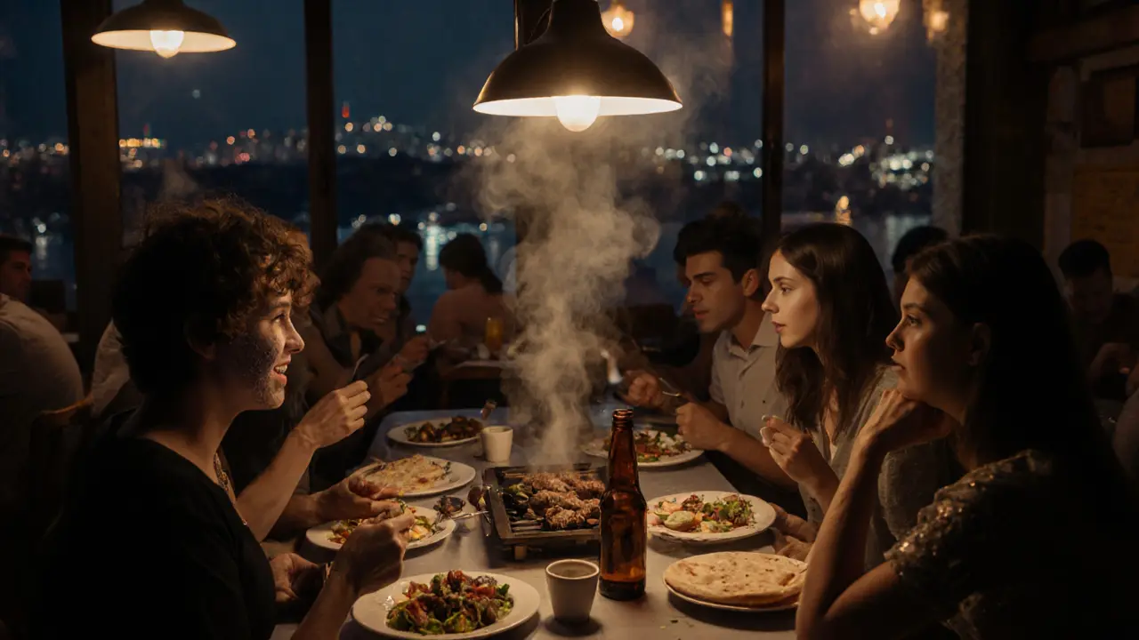 Late-night kebab joint with party-goers sharing food under warm lights.