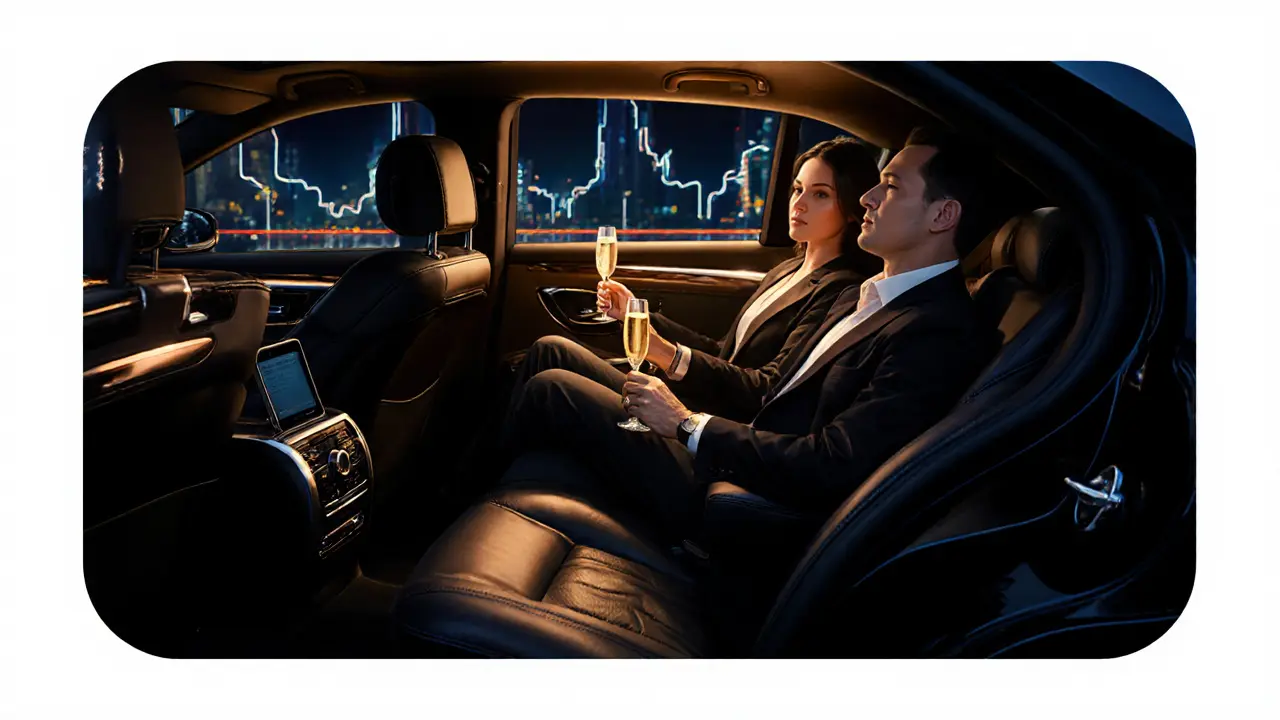 Luxury car interior, companion and client sharing champagne, subtle safety check.