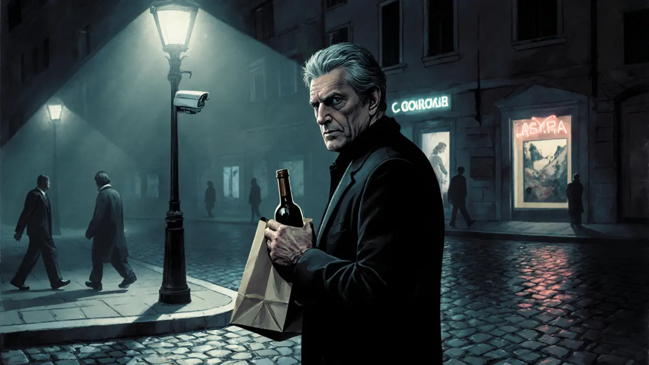 Man standing under a Brera streetlamp with wine, looking cautiously over his shoulder.