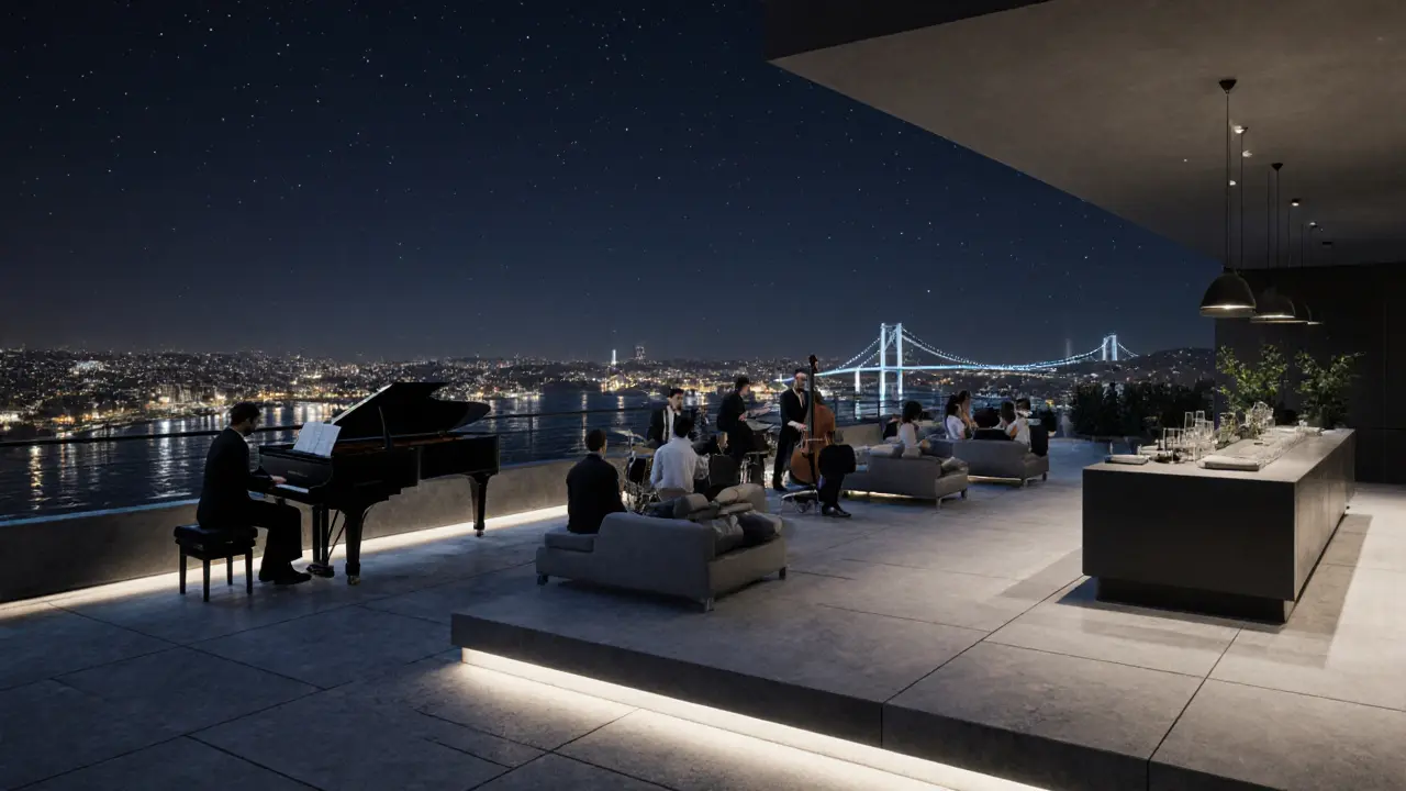 Minimalist rooftop bar in Moda with jazz trio, city skyline at night and relaxed patrons.