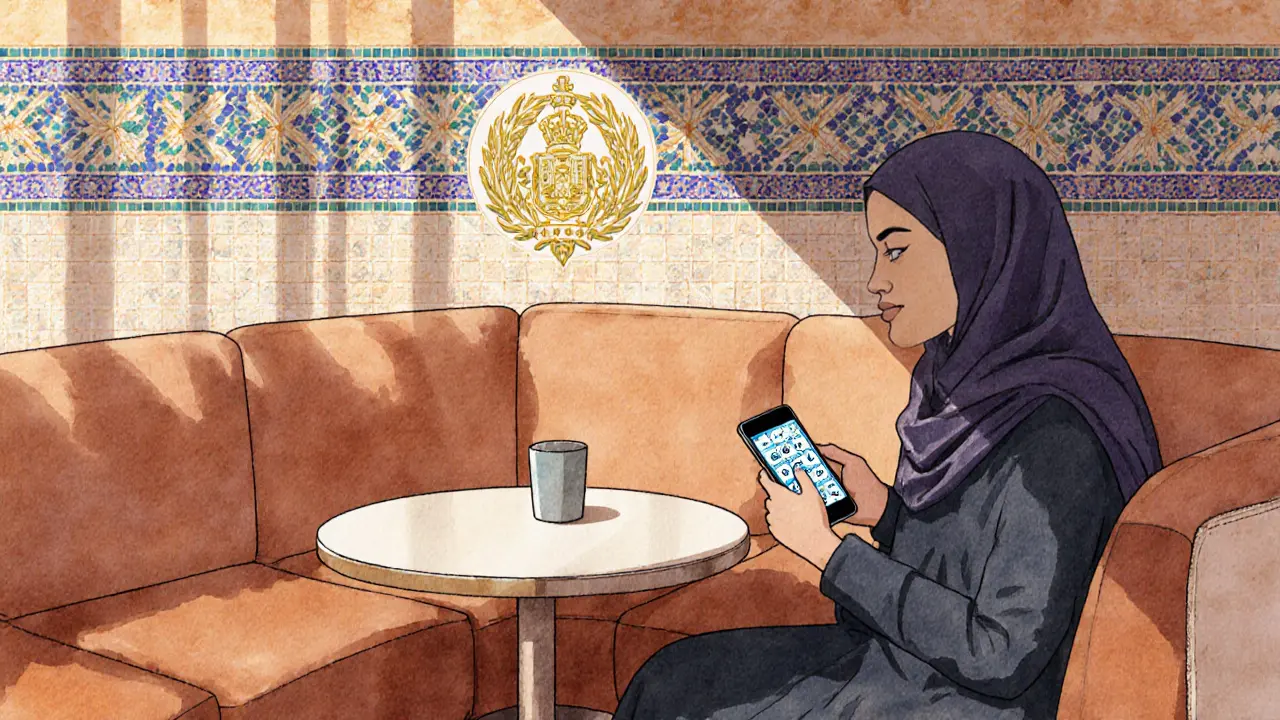 Modest café scene with a woman checking her phone, hinting at legal caution.