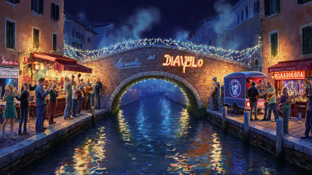 Navigli canals glowing with fairy lights as people drink and listen to street musicians at night.