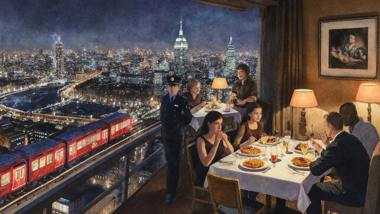 People eating duck and waffle on a high-rise terrace with city lights and a Night Tube train below.