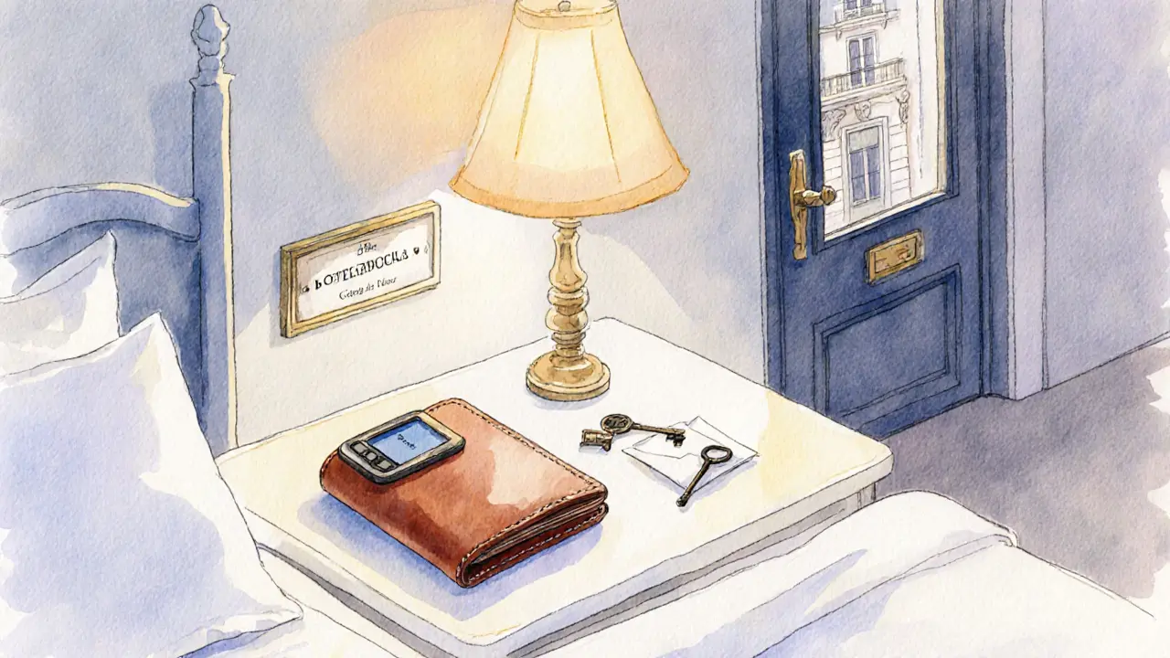 Person packing wallet and key near a hotel doorway, ready for a meeting.