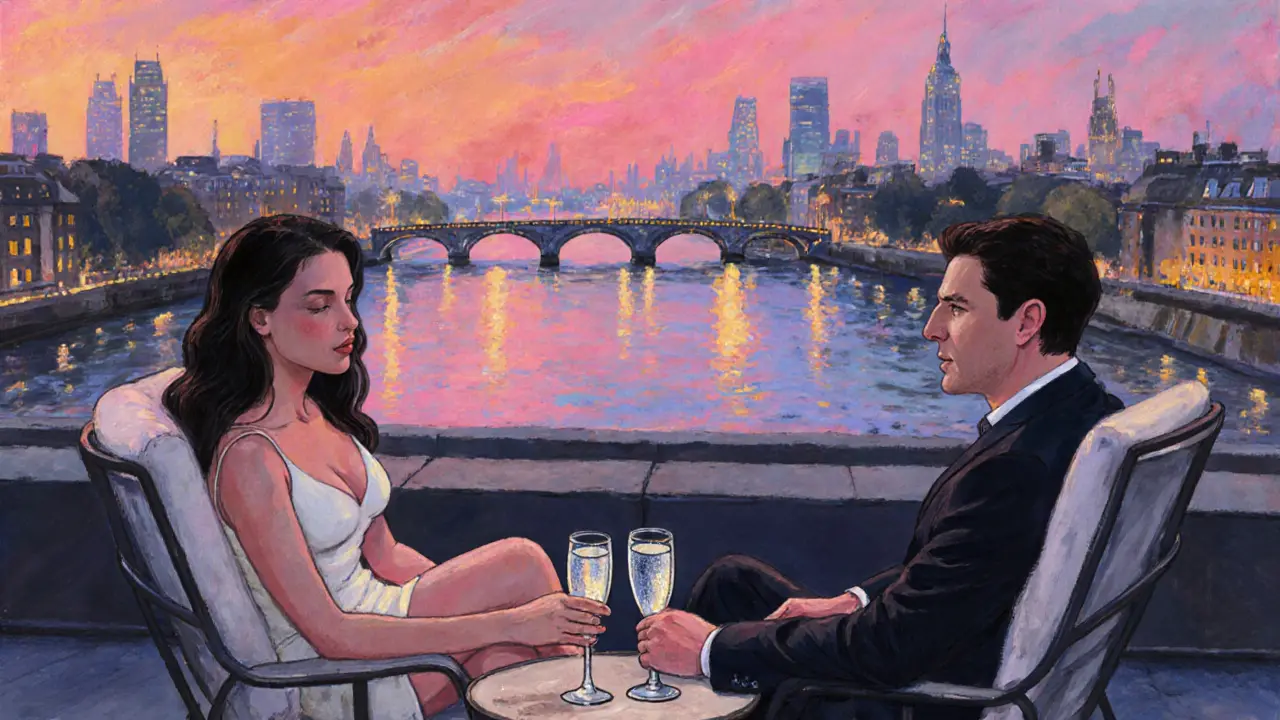 Relaxed rooftop bar scene with two companions sharing drinks overlooking the Thames at dusk.