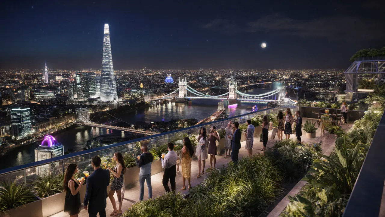 Rooftop garden with plants and people enjoying cocktails against a lit London skyline.