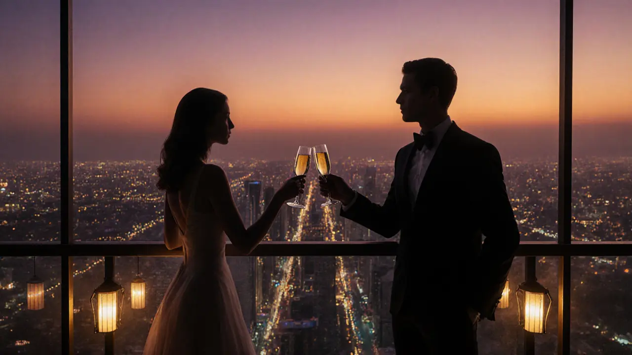 Rooftop lounge at sunset, couple toasting champagne with city lights in background.