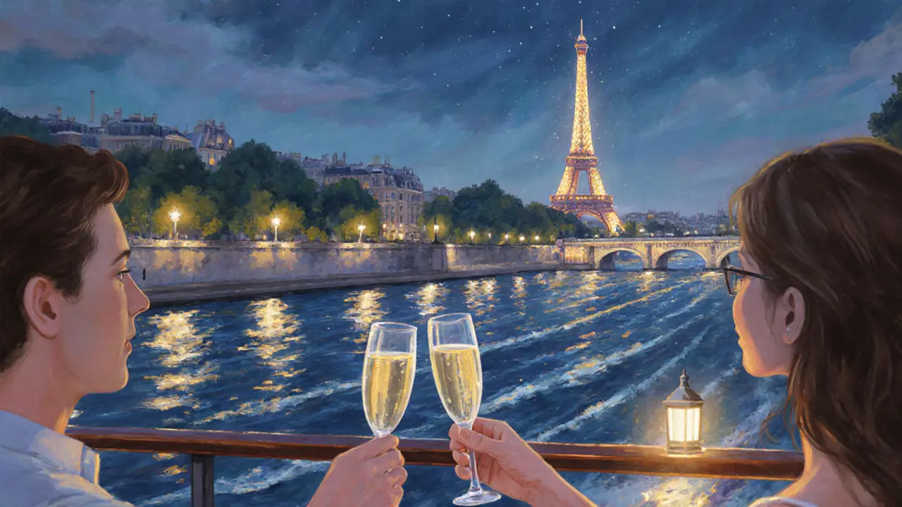 Seine night cruise deck with champagne glasses, sparkling Eiffel Tower, and water blur.