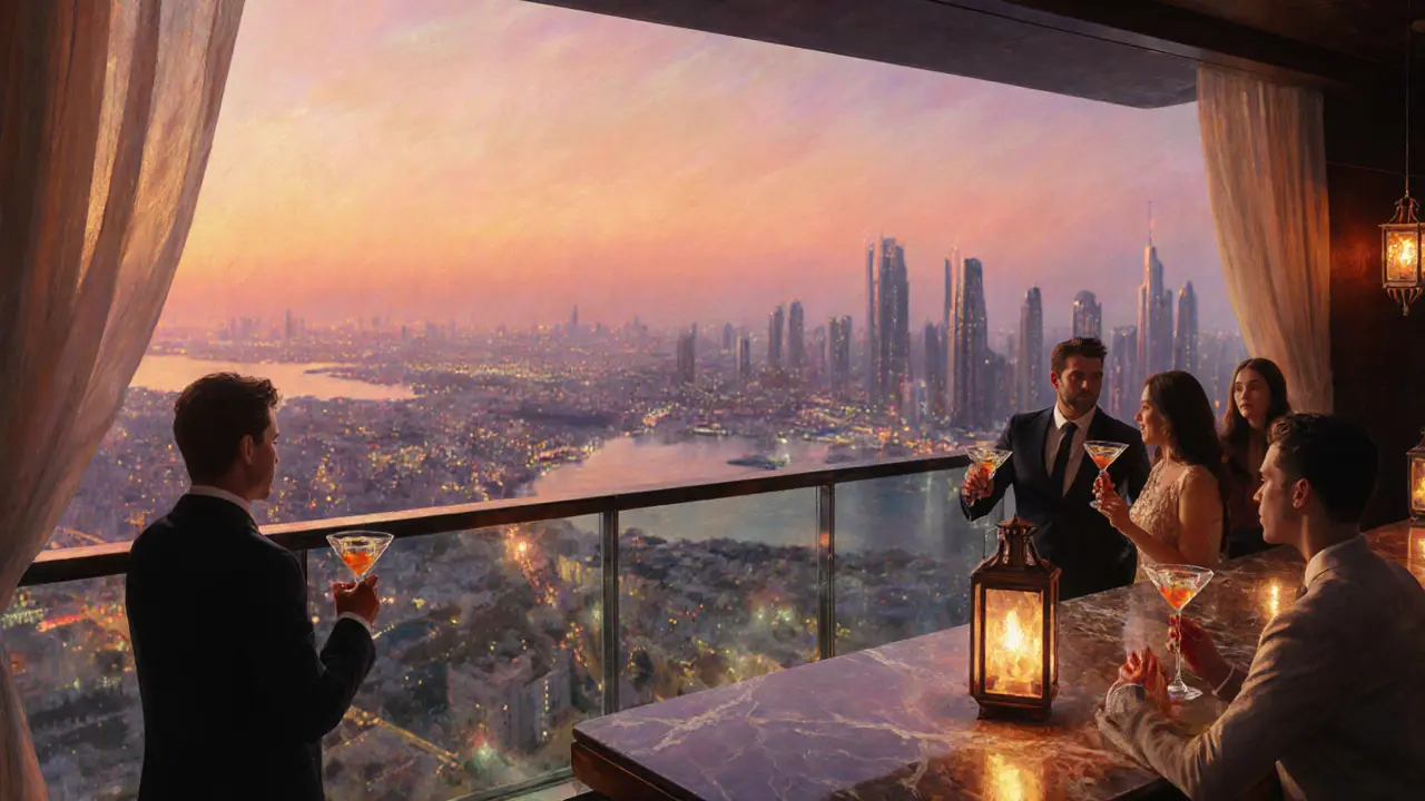 Sky‑bar on Al Maryah Island with sunset city skyline and guests holding cocktails.