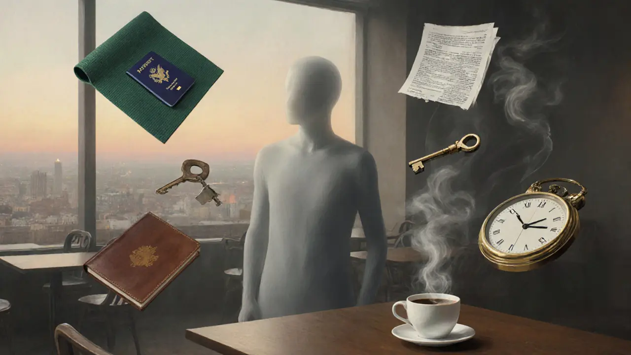 Translucent figure in an empty café surrounded by floating personal fragments at dawn.