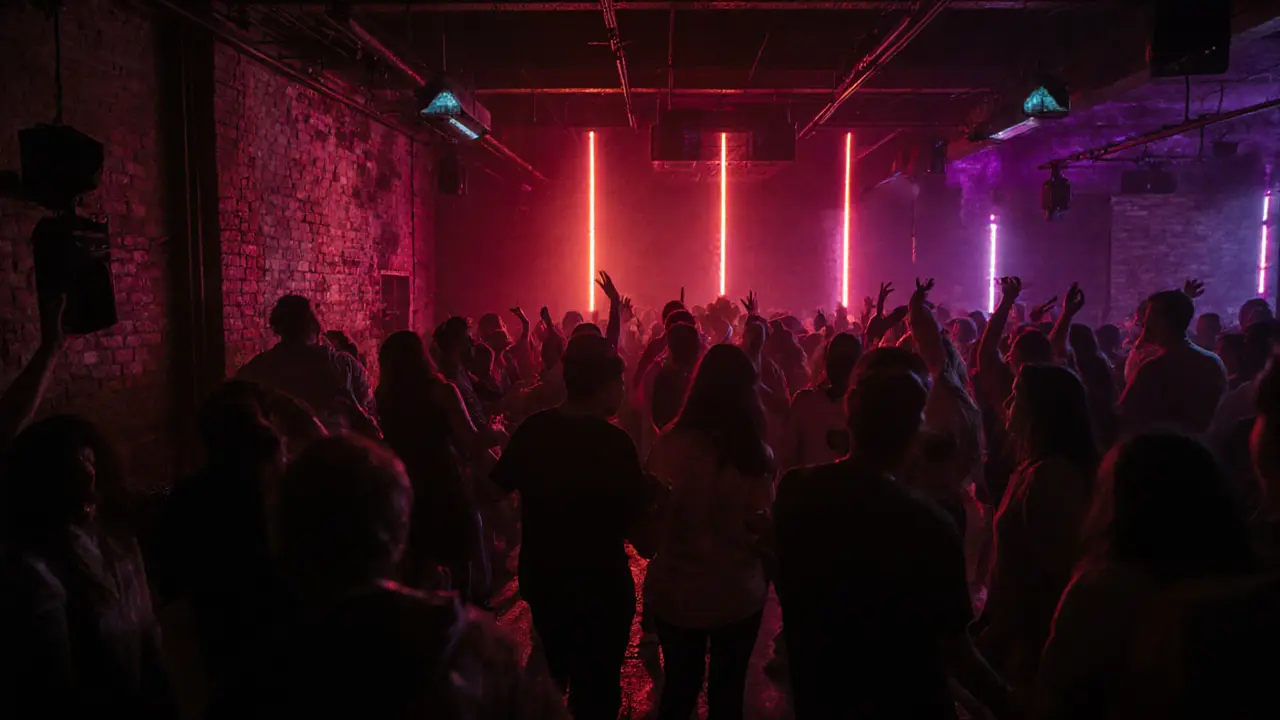 Underground club with vibrant strobe lights and dancers lost in techno music.