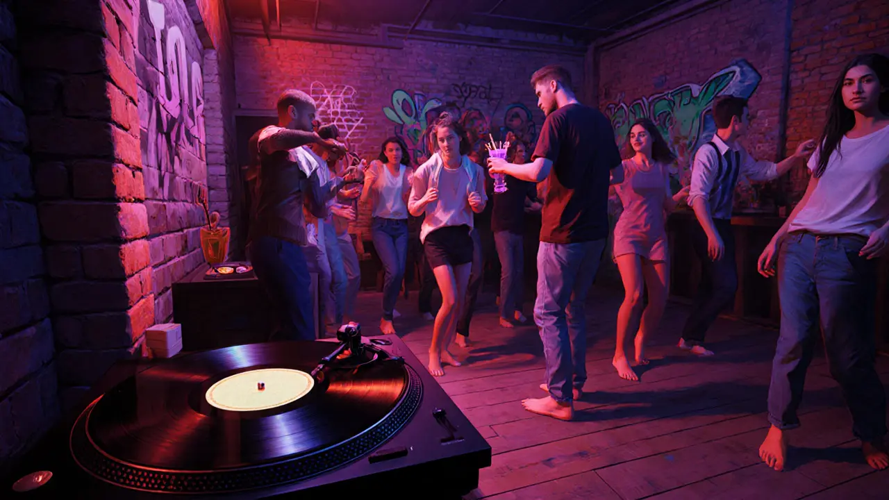 Underground warehouse party in Isola with vinyl records spinning and young people dancing under neon lights.