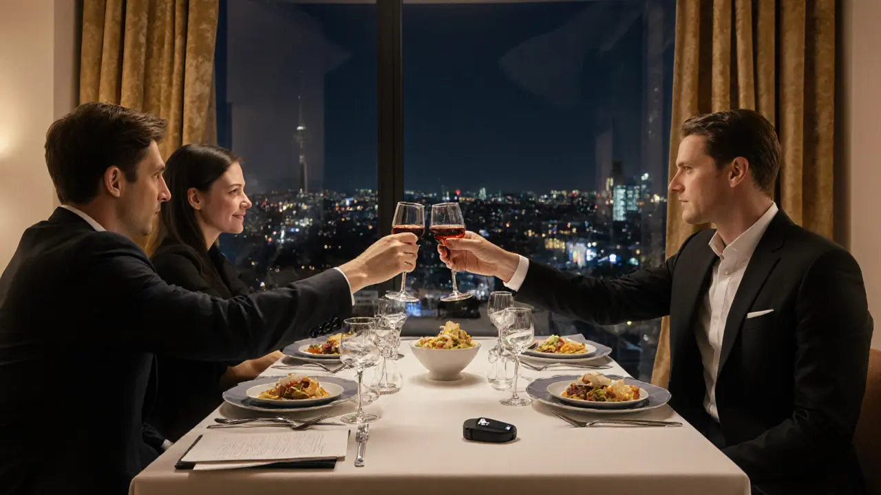 Upscale hotel suite with fine dining table, a couple raising glasses, and a discreet tracking device.