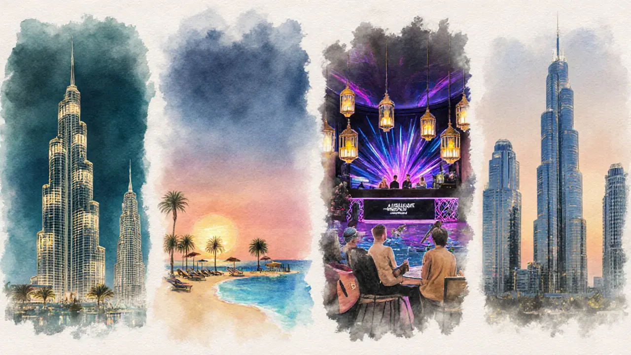 Watercolor montage of Downtown, Yas Island, Saadiyat, and Al Maryah nightlife scenes.