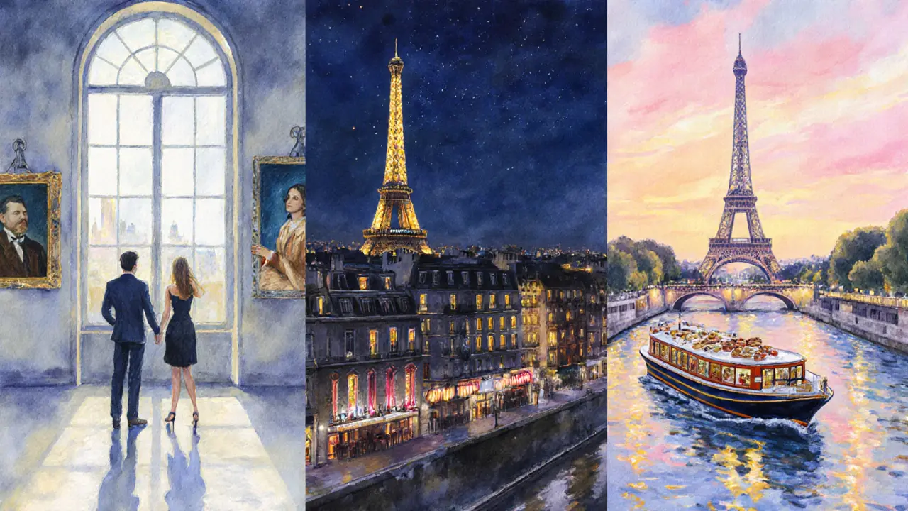 Watercolor panels showing a museum tour, rooftop bar, and Seine boat with a companion.