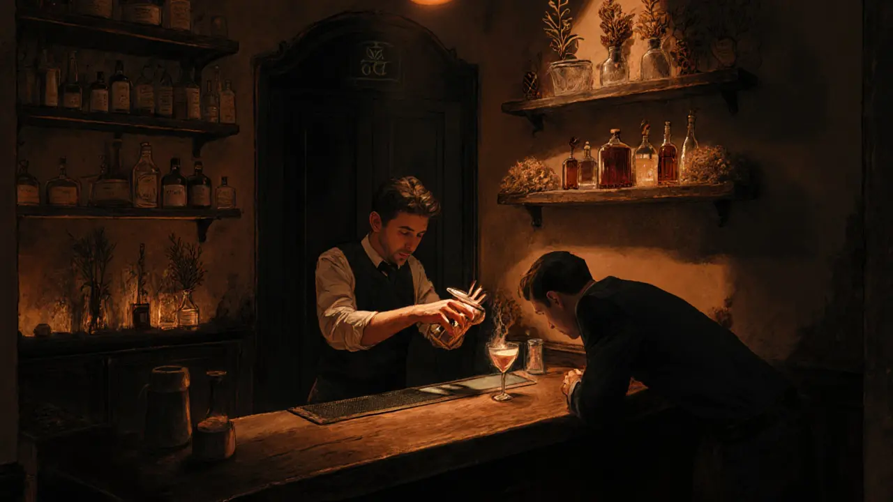 A bartender mixing a craft cocktail in a hidden Milan speakeasy with warm, dim lighting and botanical shelves.