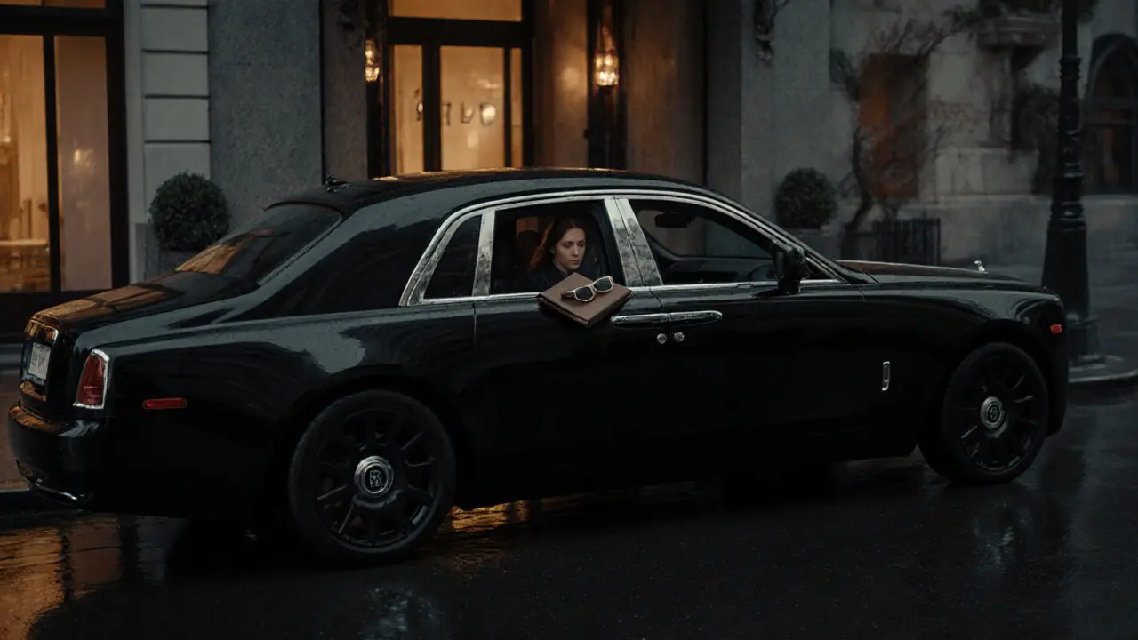 A black Rolls-Royce waits at dawn outside a luxury hotel, empty except for a notebook and sunglasses on the seat.