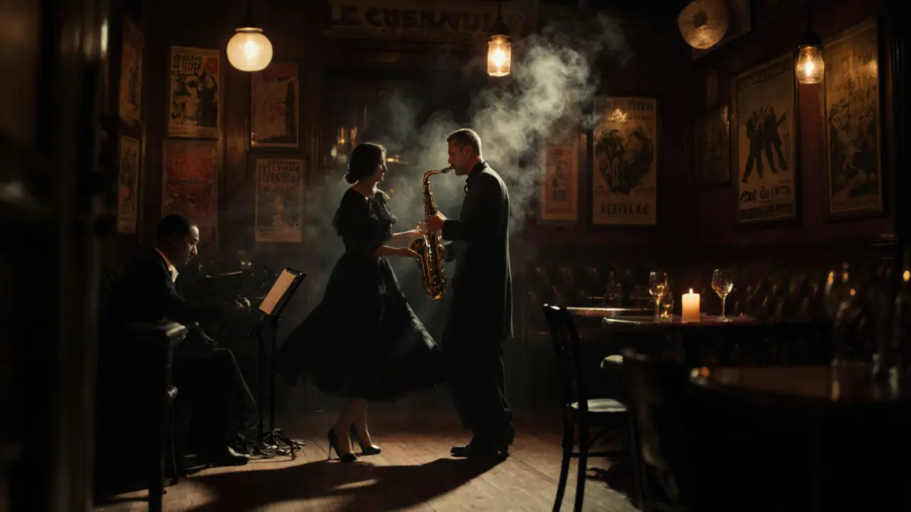 A couple dances gently in a dim, intimate jazz club filled with smoke and vintage charm.
