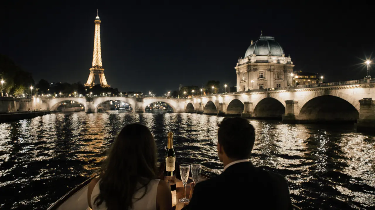 A couple enjoys champagne on a quiet night boat cruise under lit Parisian bridges.