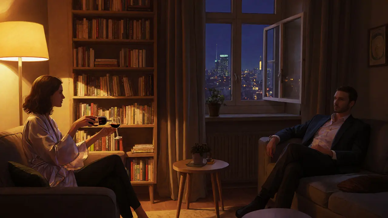 A couple shares a calm evening in a cozy Berlin apartment, illuminated by warm night lights.